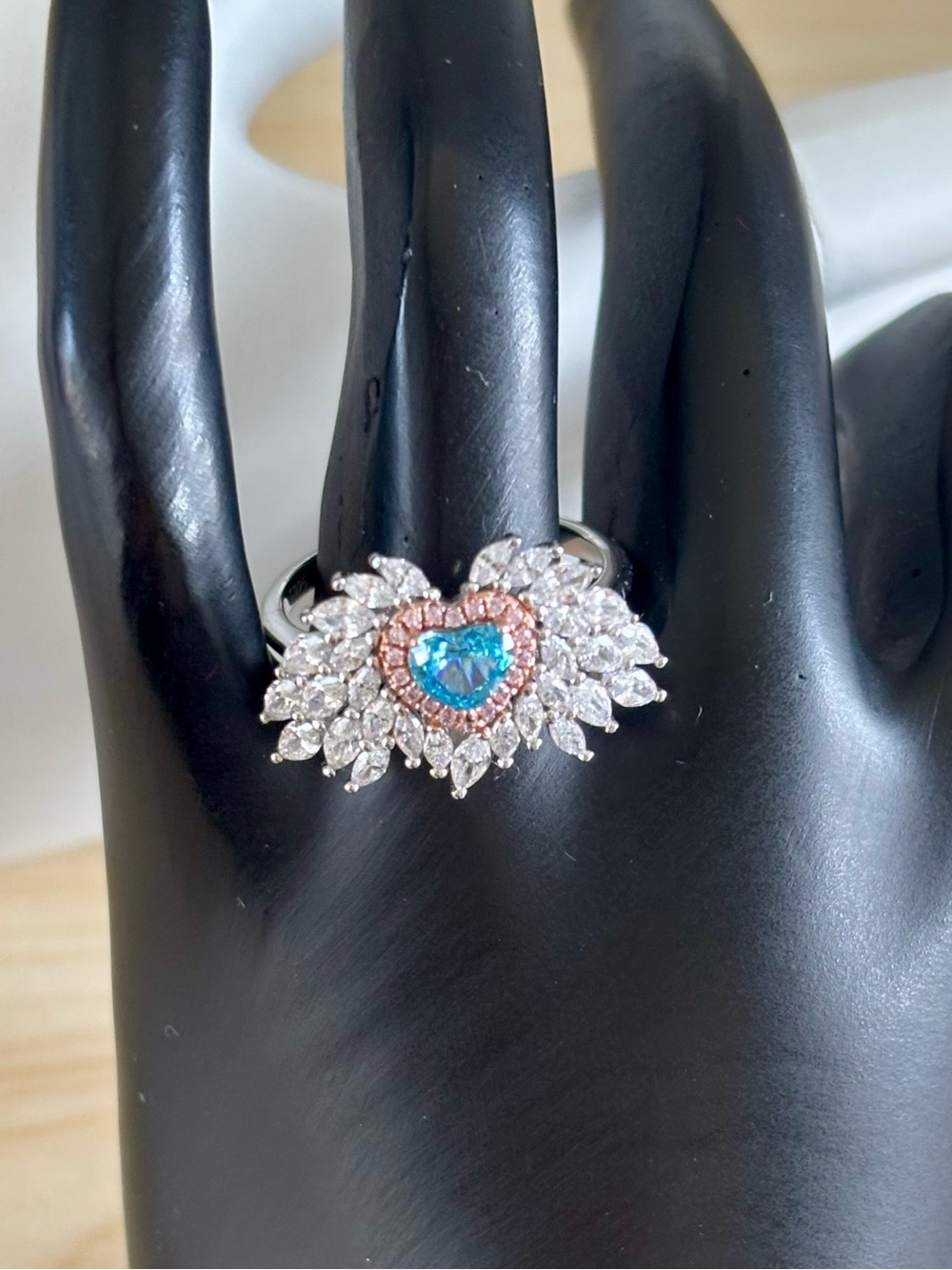 Sterling Silver CZ Blue Angel Wing Ring size 7